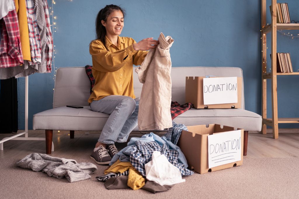woman sort things at home and packs a donation box full of clothes